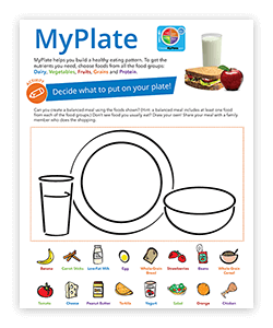 The MyPlate sheet provides a guide to what a balanced meal looks like.